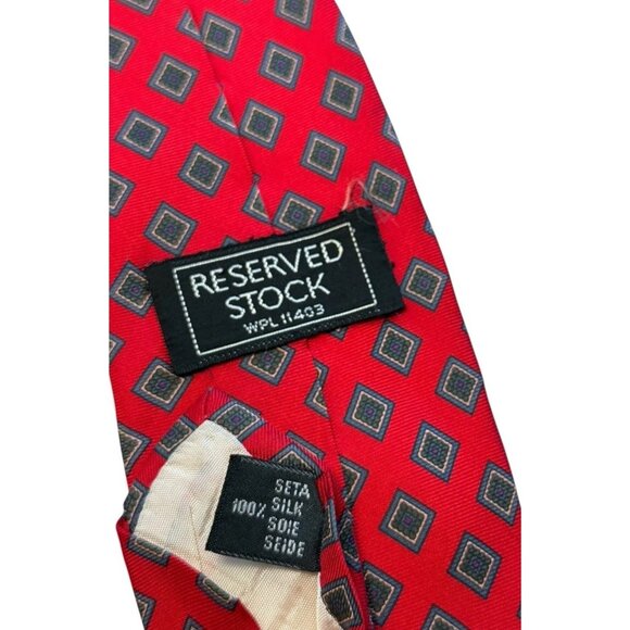 Vintage Reserved Stock 100% Silk Red Tie with Diamond Pattern - Picture 5 of 7
